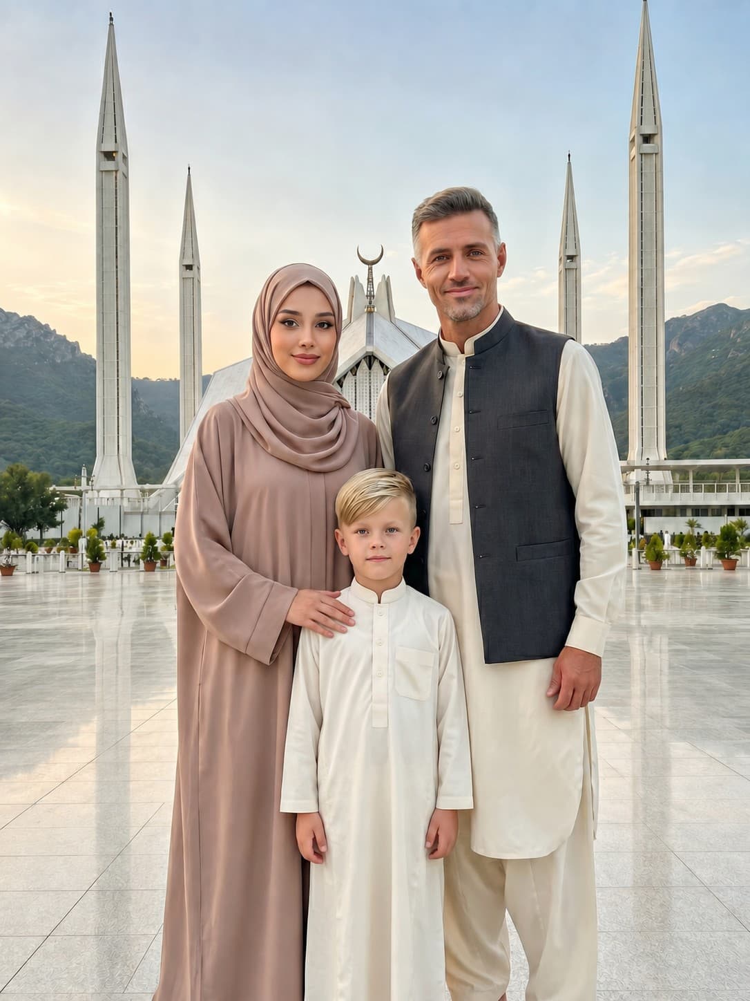 A Family Of Three In Front Of The Faisal Mosque